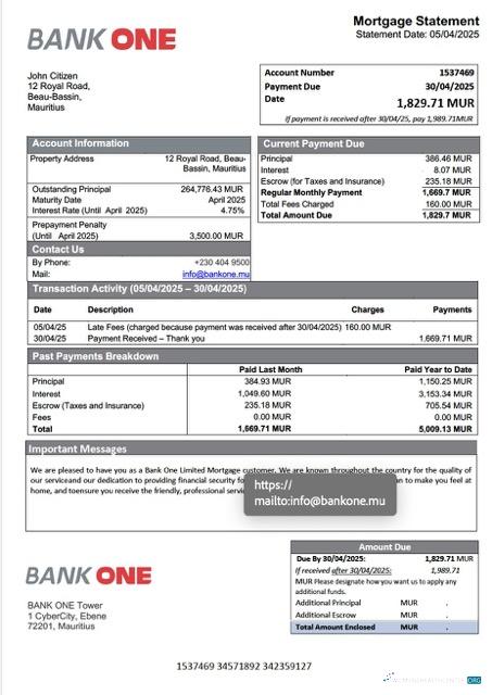 Download Mauritius Bank One Limited mortgage statement Word and PDF template Photoshop template